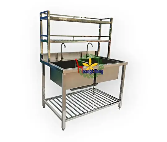 Chậu Rửa Inox Công Nghiệp 2 Học Kệ Dưới Và 2 Kệ Trên