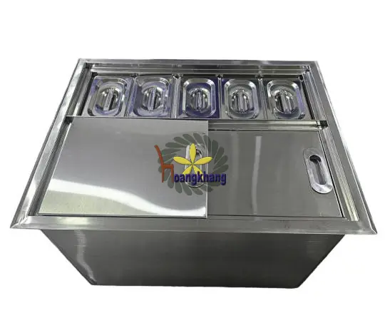 Thùng Đá Inox 304 Âm Quầy Có Khay Topping Kích Thước 650*500*400mm